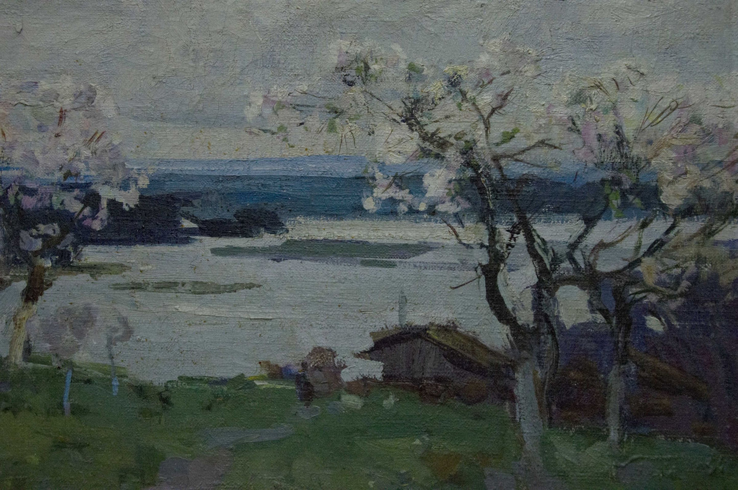 Impressionistic oil painting of Zakharovs blossoming apple trees by water