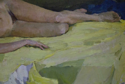 Oil painting of female figures legs on yellow-green surface by Singaevsky Vladimir Ivanovich