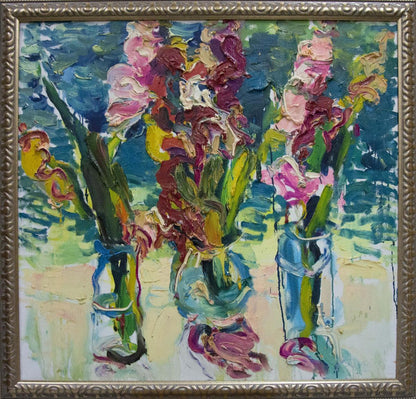 Vibrant impressionistic oil painting of three colorful iris bouquets in vases by Sergey Dupliy