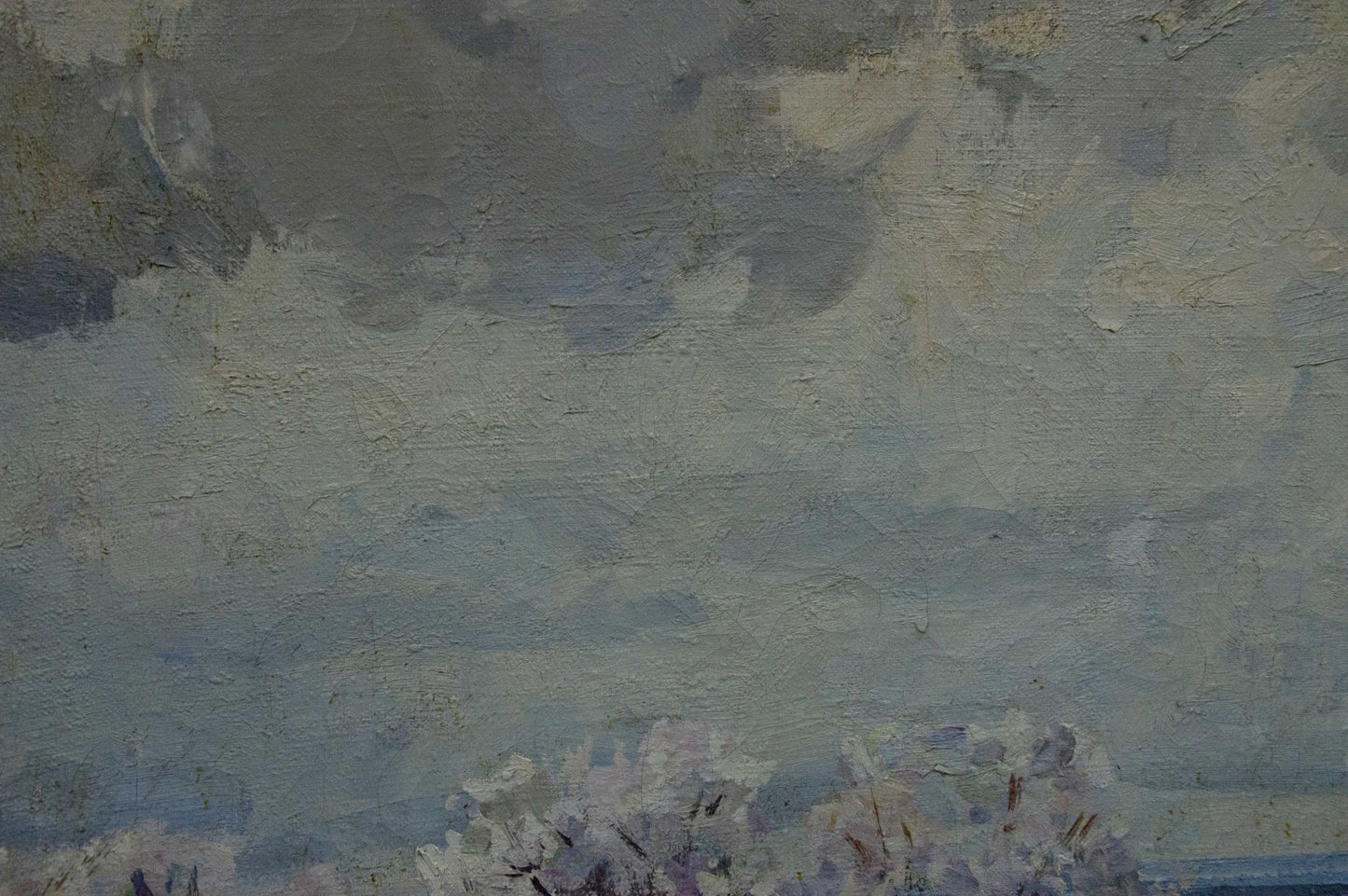 Oil painting of Apple trees by Zakharov Fedor Zakharovich, cloudy sky over blossoms