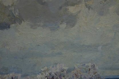 Oil painting of Apple trees by Zakharov Fedor Zakharovich, cloudy sky over blossoms