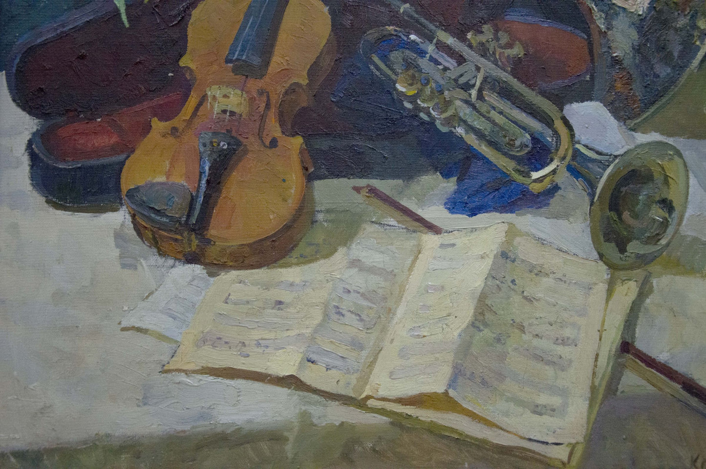 Oil painting by Kerzhner Efim Aleksandrovich of warm-toned wooden violin with dark blue chinrest beside open sheet music