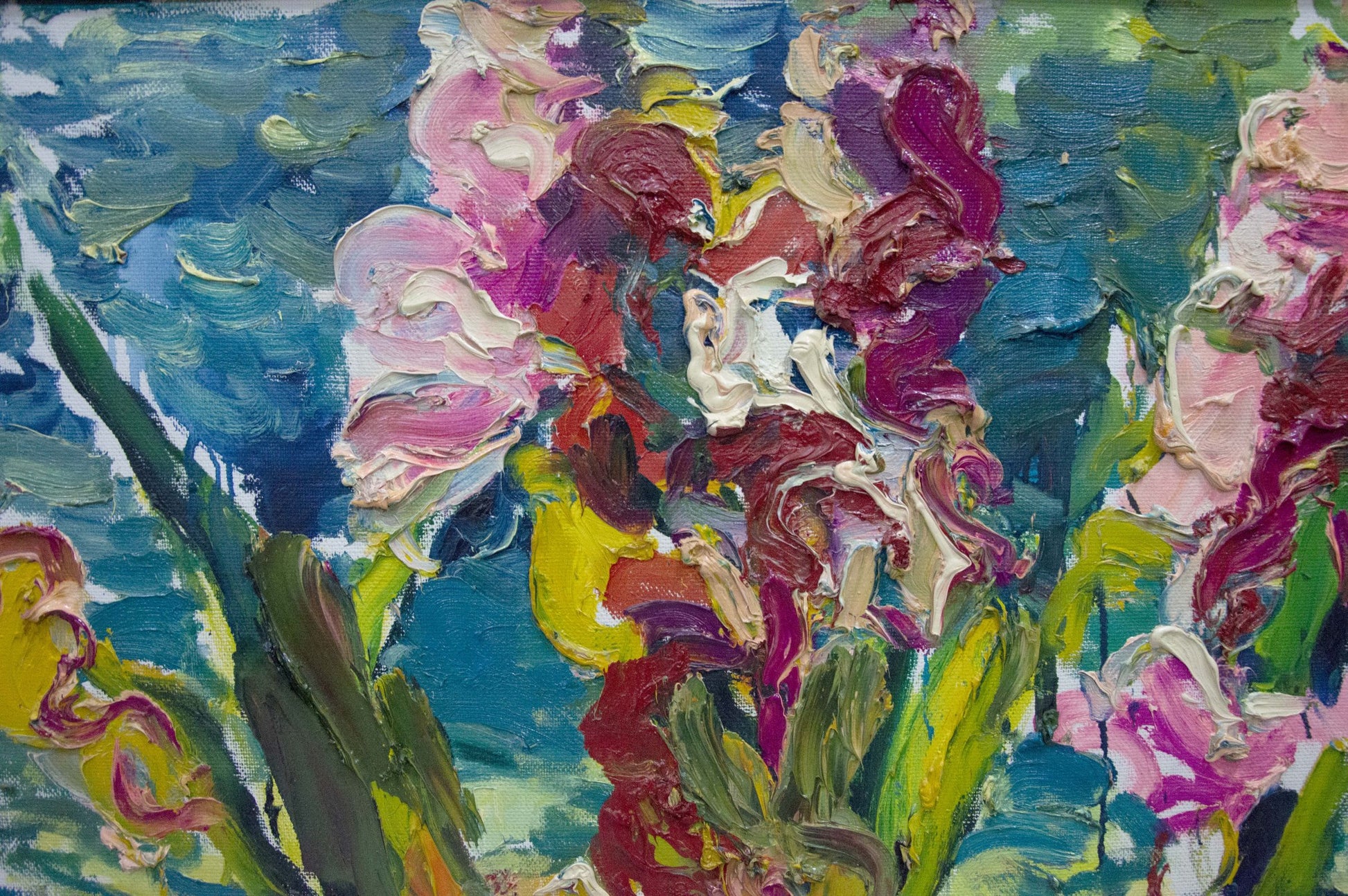Oil painting of three pink purple iris bouquets by Sergey Dupliy
