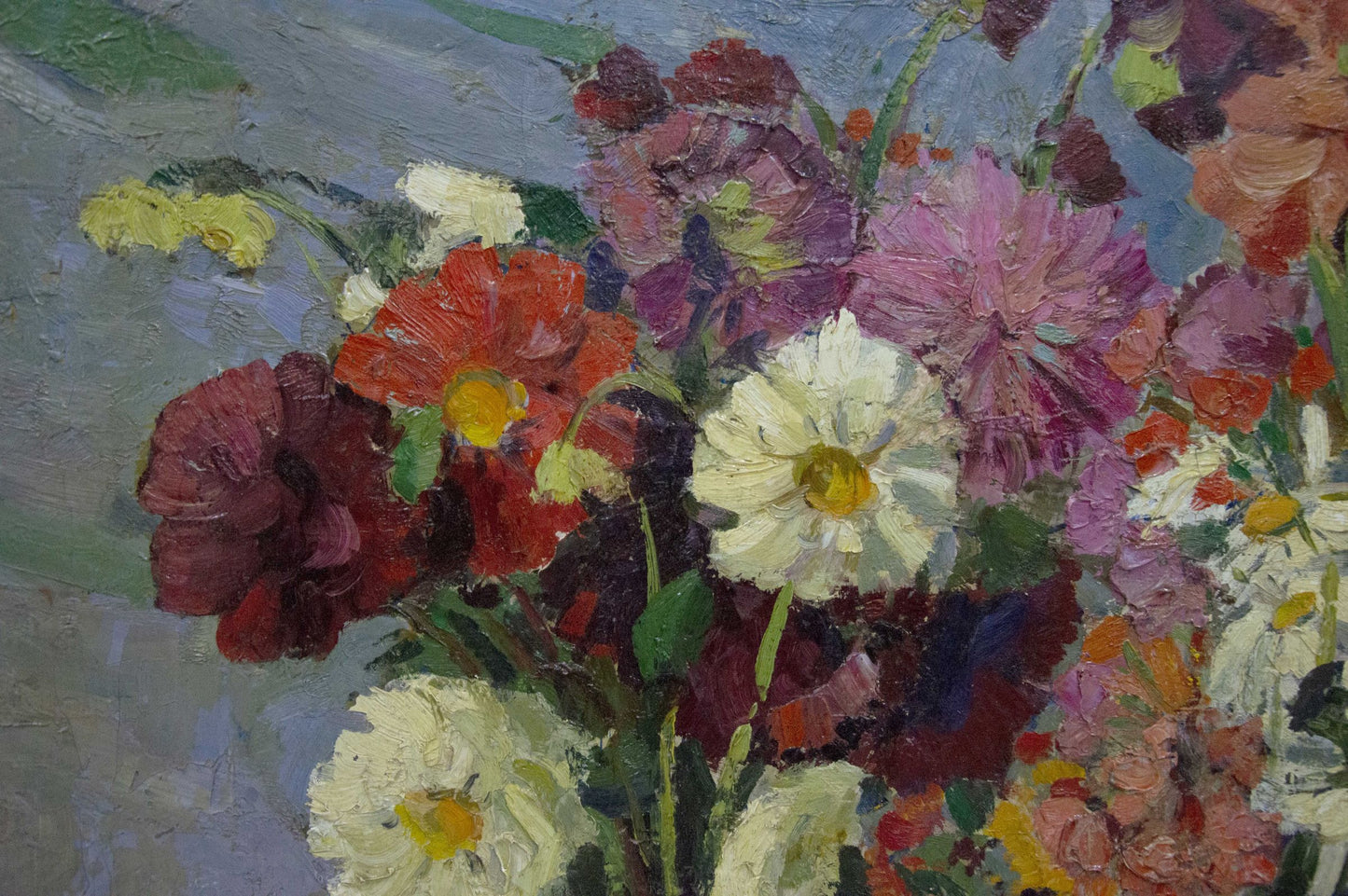 Oil painting Still life by Potapenko Andrey Ilyich: vibrant red, purple, white flowers