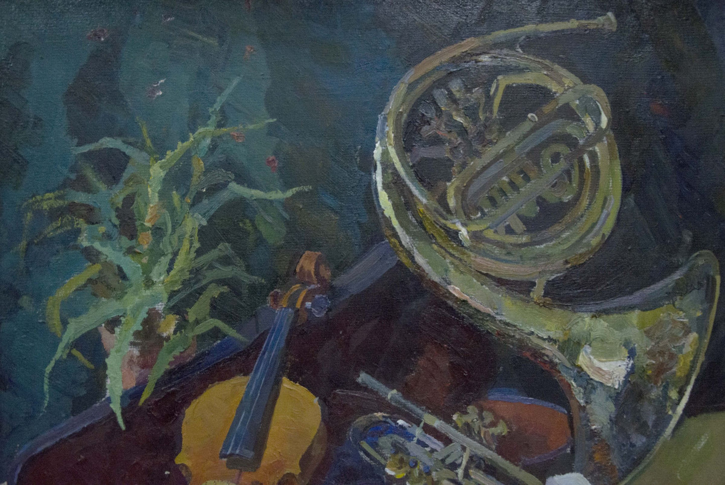Oil painting of golden brass French horn by Kerzhner Efim Aleksandrovich