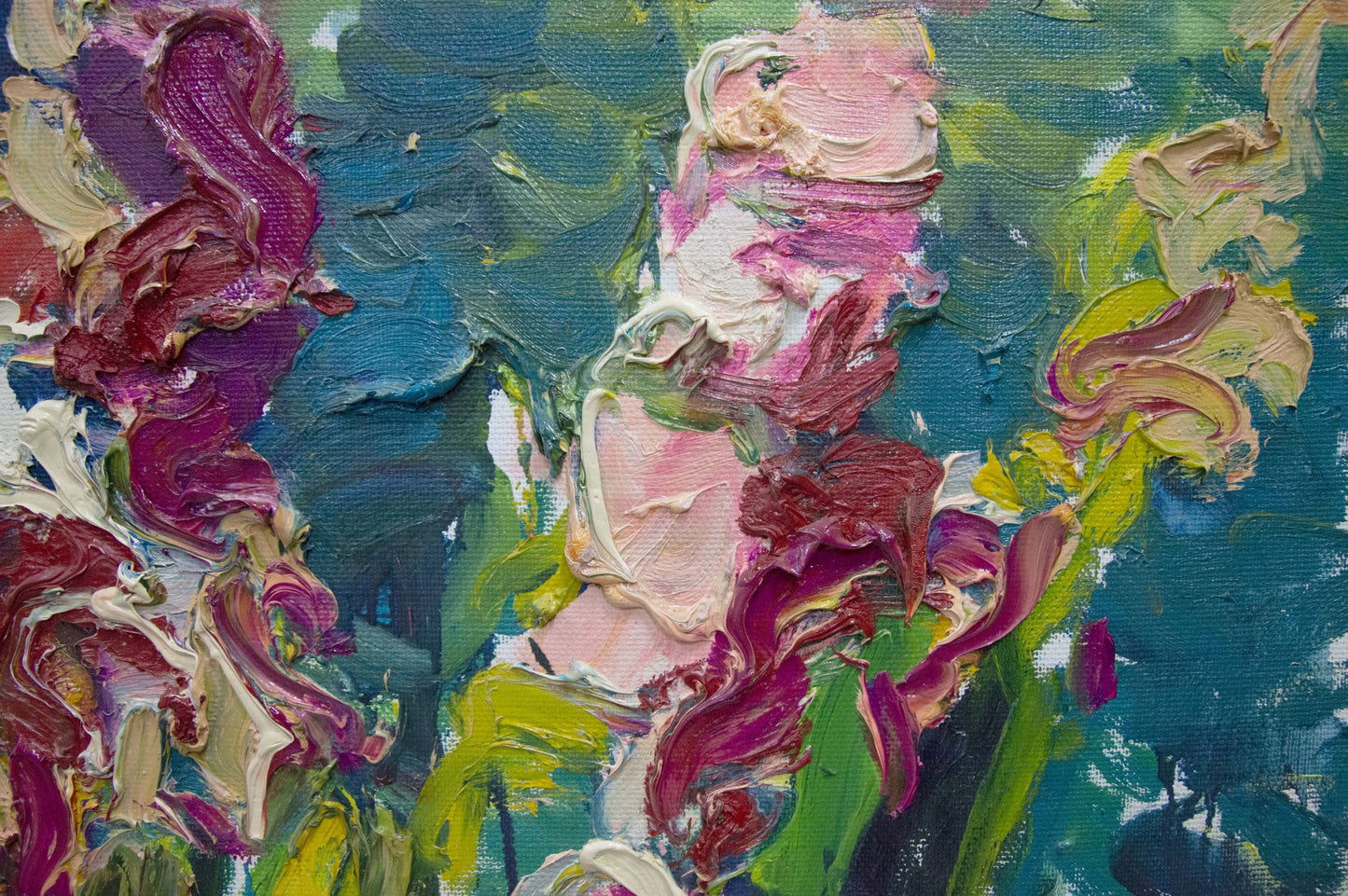 Oil painting Three different bouquets by Sergey Dupliy, abstract purple pink flowers