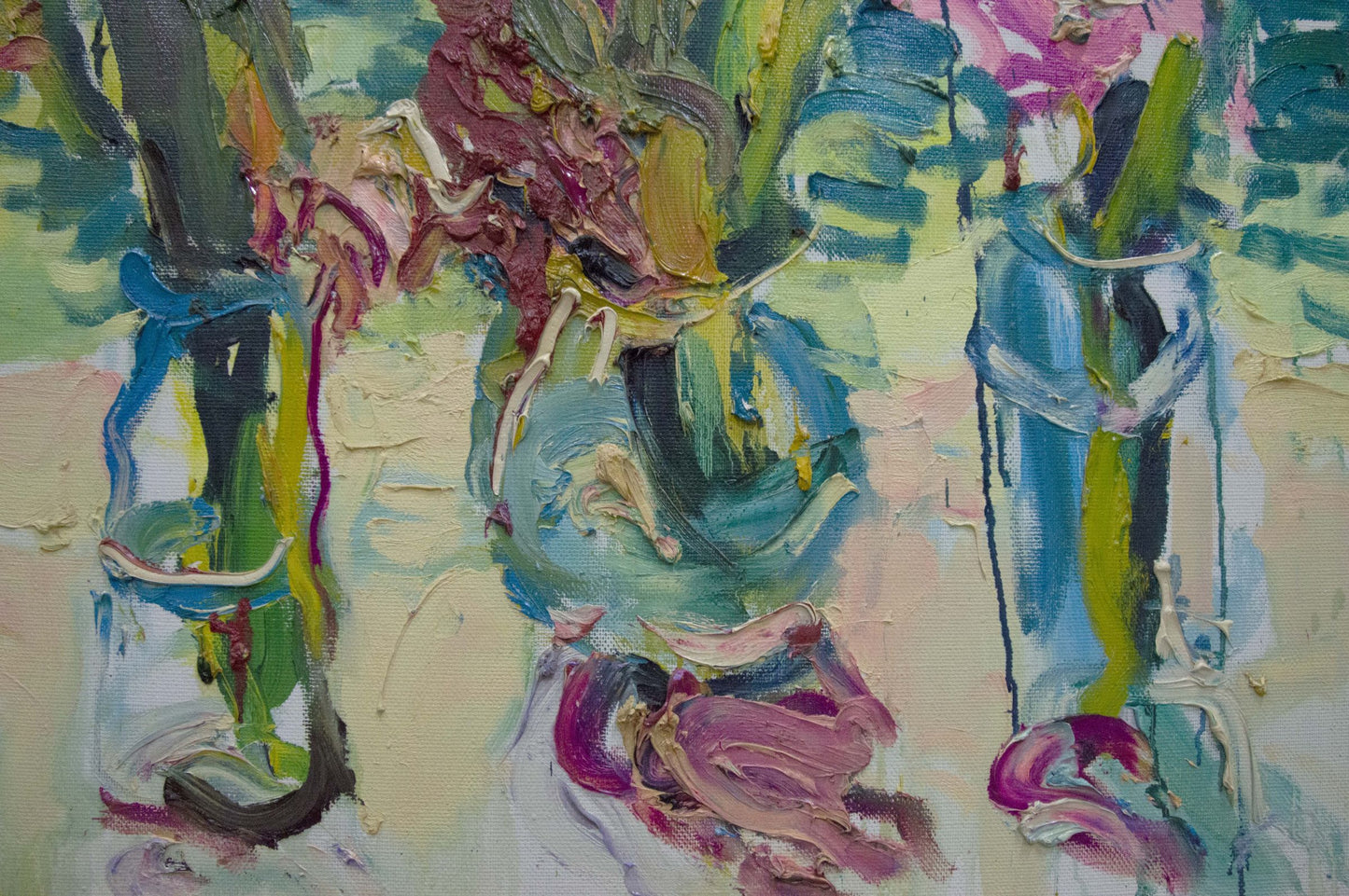 Vibrant impressionist oil painting of three colorful bouquets by Sergey Dupliy