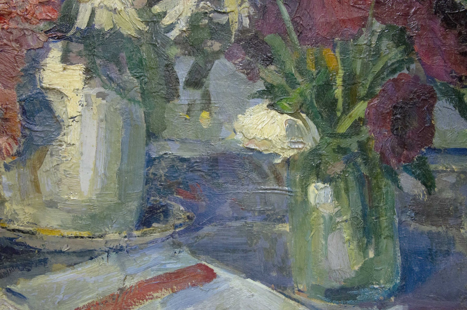 Oil painting by Potapenko Andrey Ilyich: green glass vase with white and purple flowers