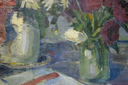 Oil painting by Potapenko Andrey Ilyich: green glass vase with white and purple flowers