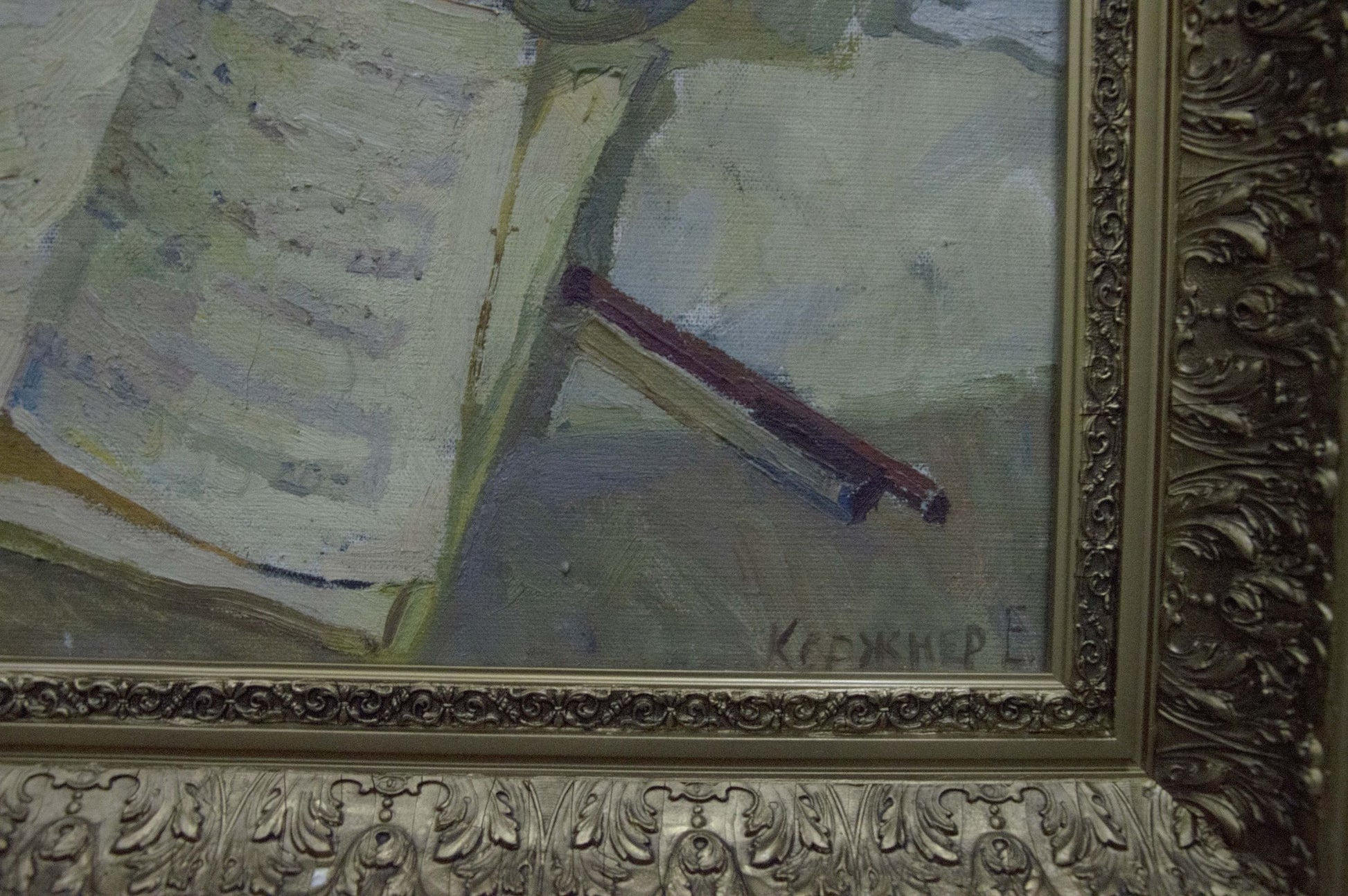Oil painting by Kerzhner Efim Aleksandrovich: pencil on open book