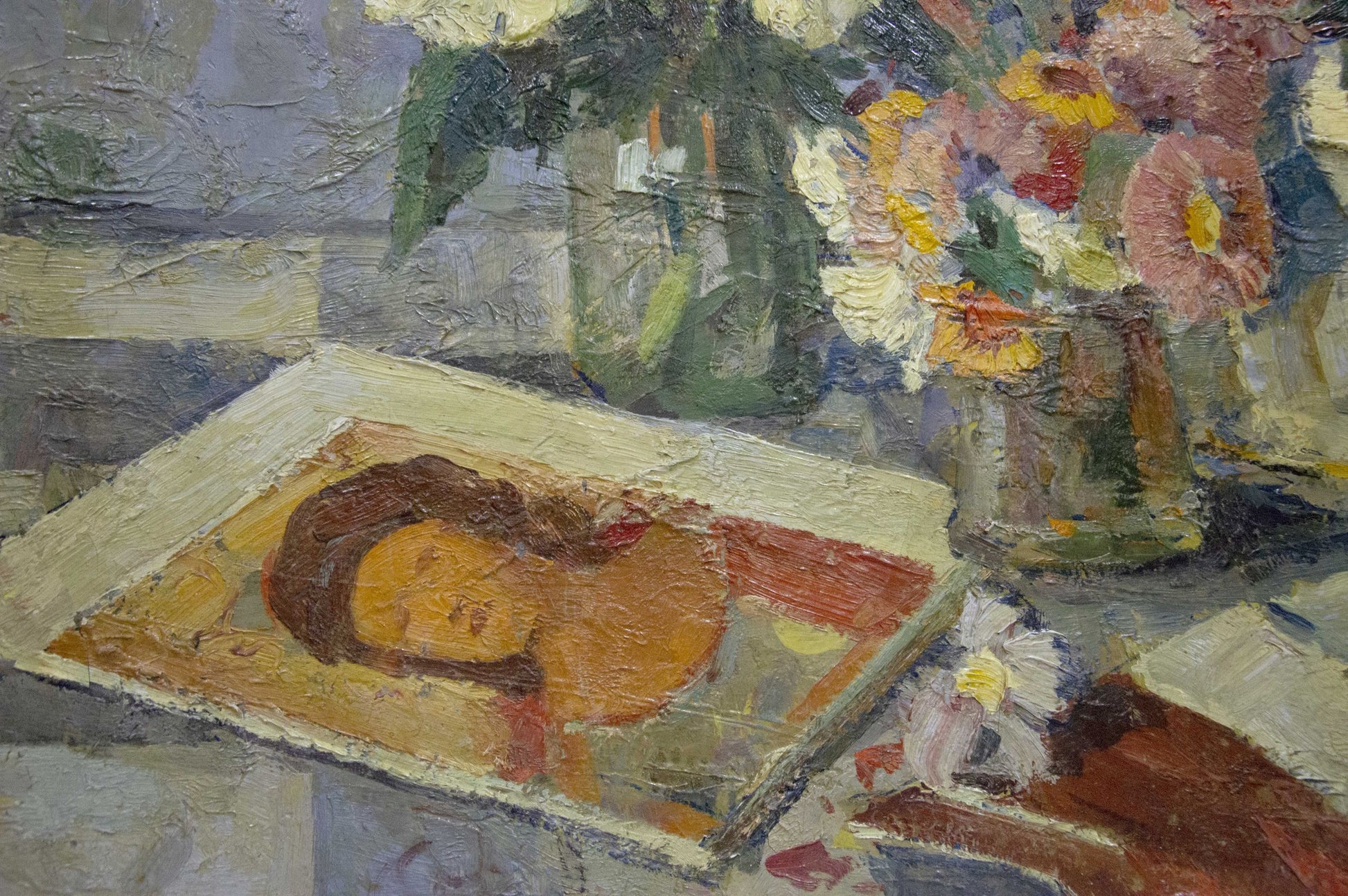 Vibrant impressionistic oil painting by Potapenko Andrey Ilyich: womans portrait on table with floral vases