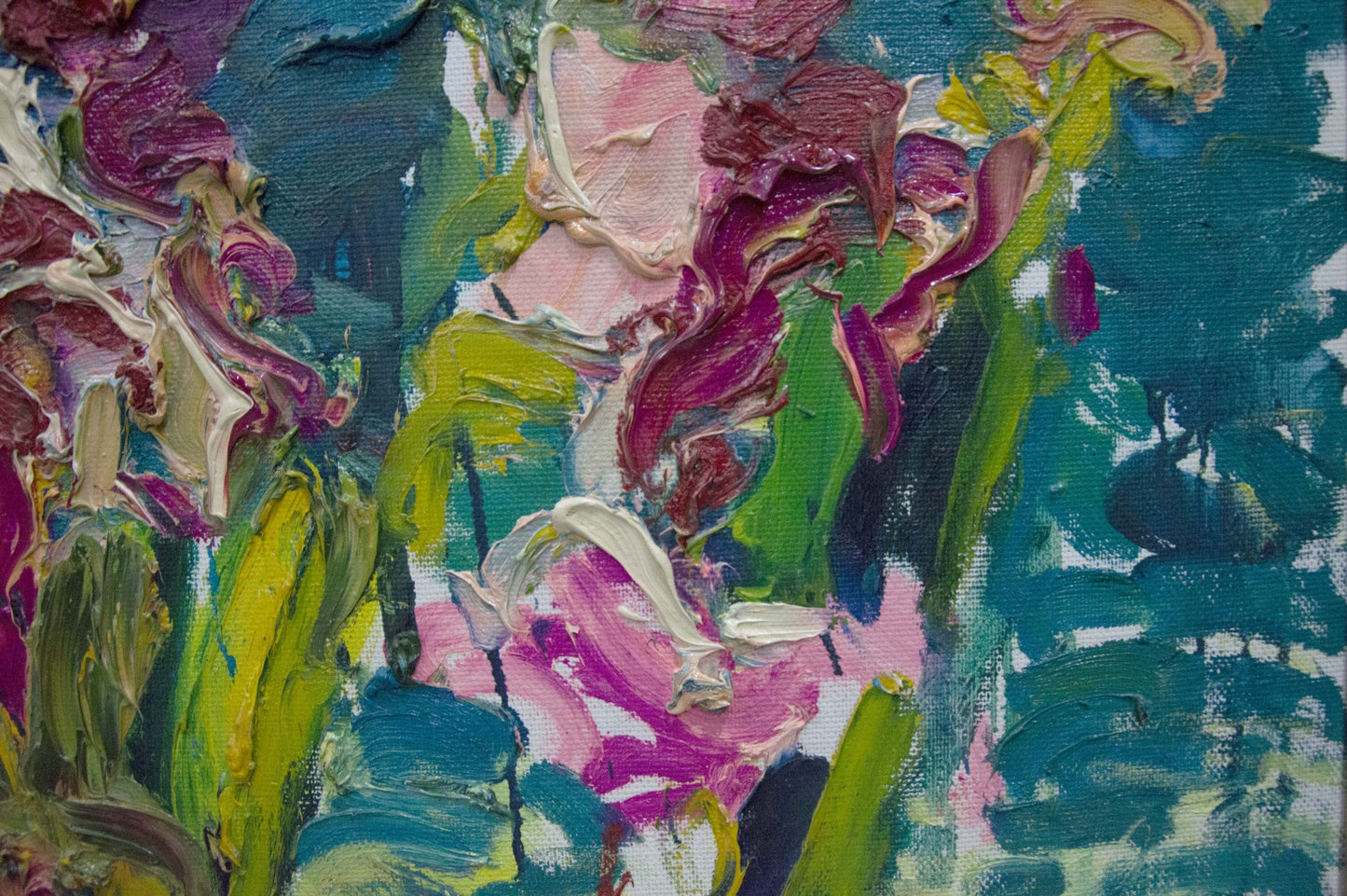 Oil painting Three different bouquets by Sergey Dupliy: abstract pink purple flowers on teal