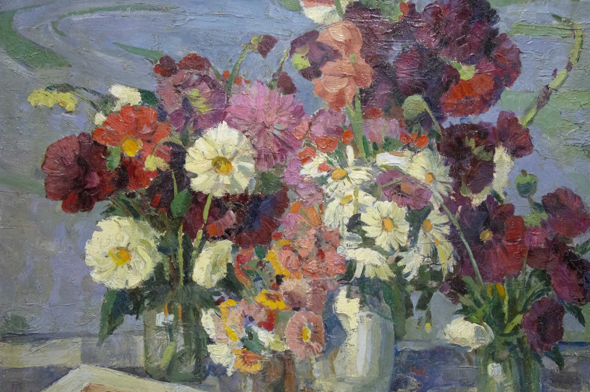 Vibrant impressionistic oil painting of lush bouquet in vases by Potapenko Andrey Ilyich