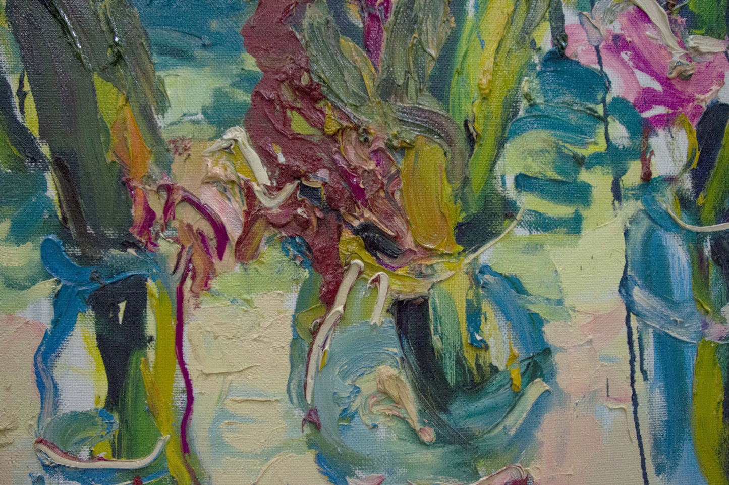 Vibrant oil painting of three bouquets in abstract blue vase by Sergey Dupliy