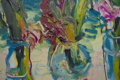 Vibrant oil painting of three bouquets in abstract blue vase by Sergey Dupliy