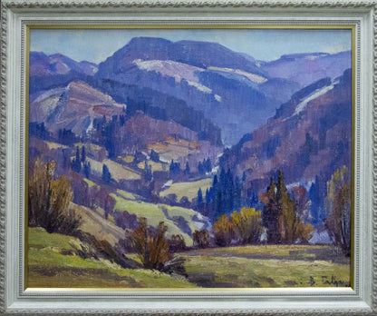 Oil painting of purple-blue mountains by Vasyl Georhiyovych Gabda