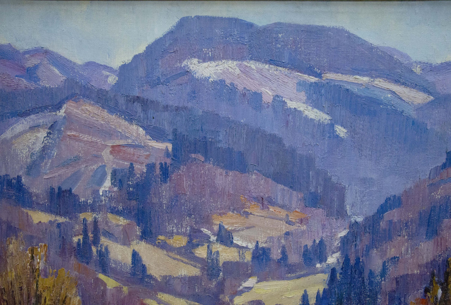 Oil painting of serene purple-blue mountain peaks with snow by Vasyl Georhiyovych Gabda
