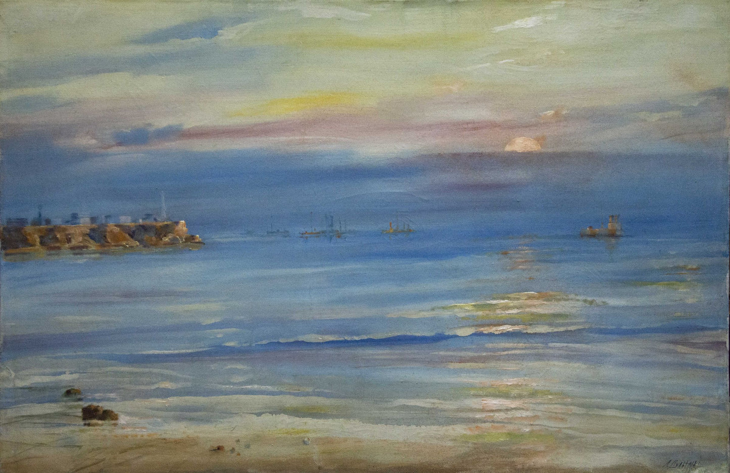 Oil painting Sun rays in the sea serene coastal sunset scene