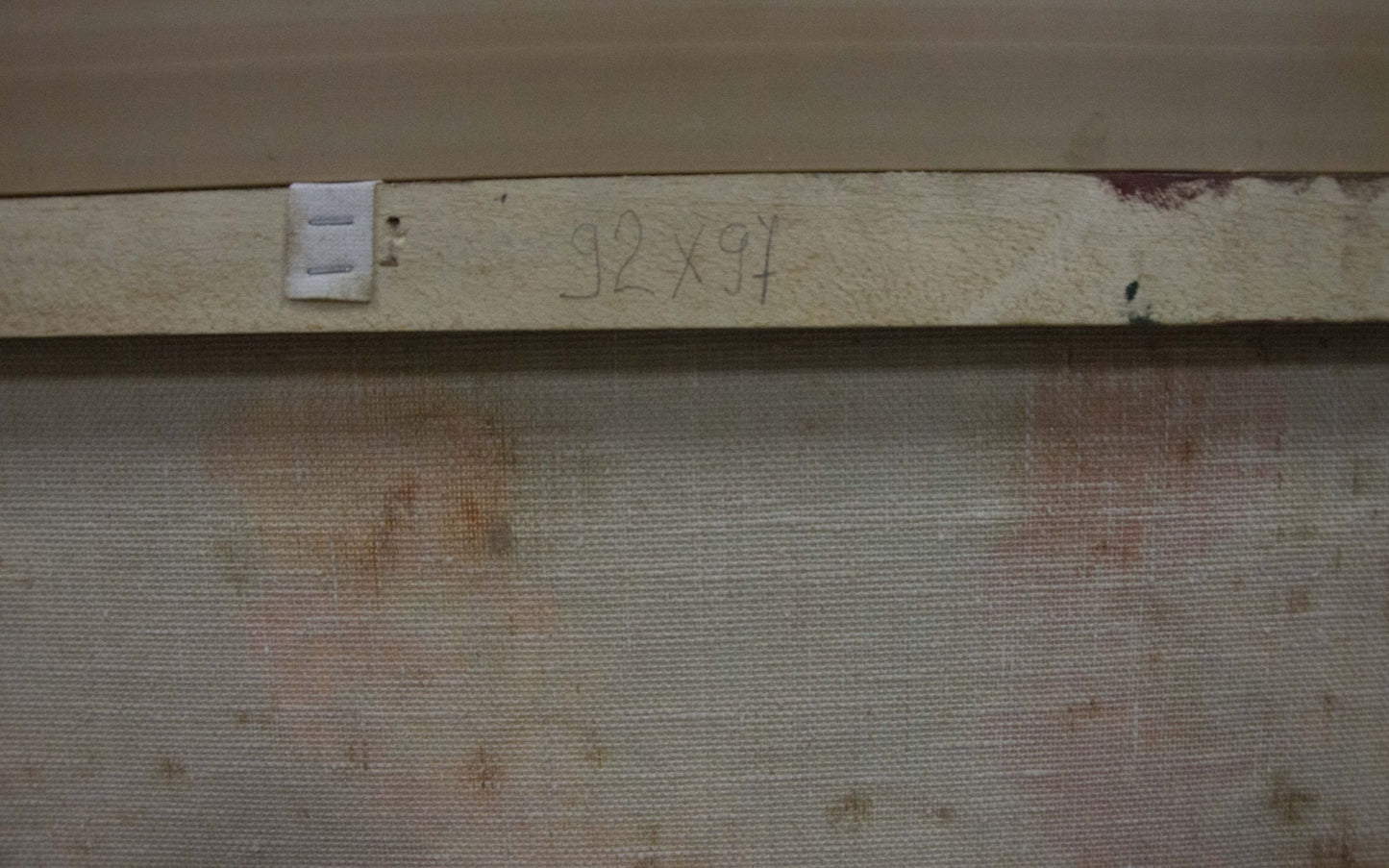 Back of Oil painting Three different bouquets Sergey Dupliy with beige textured wall panel white outlet handwritten measurements