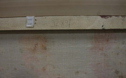 Back of Oil painting Three different bouquets Sergey Dupliy with beige textured wall panel white outlet handwritten measurements