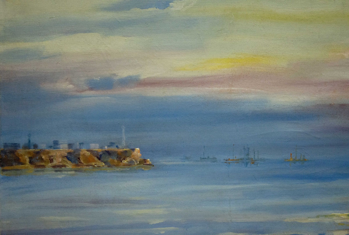 Serene watercolor coastal scene with sun rays in sea, oil painting by unknown artist