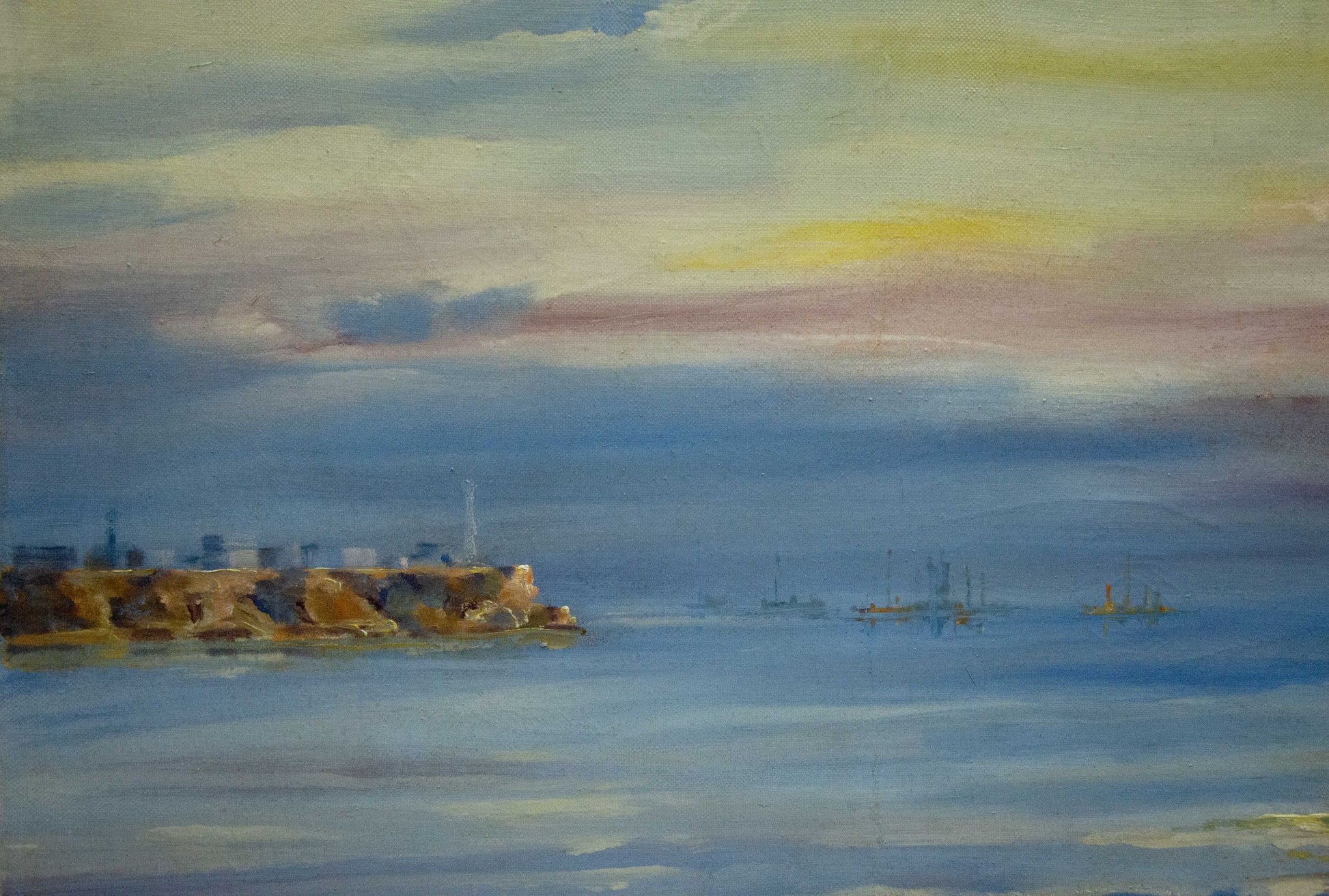 Serene watercolor coastal scene with sun rays in sea, oil painting by unknown artist