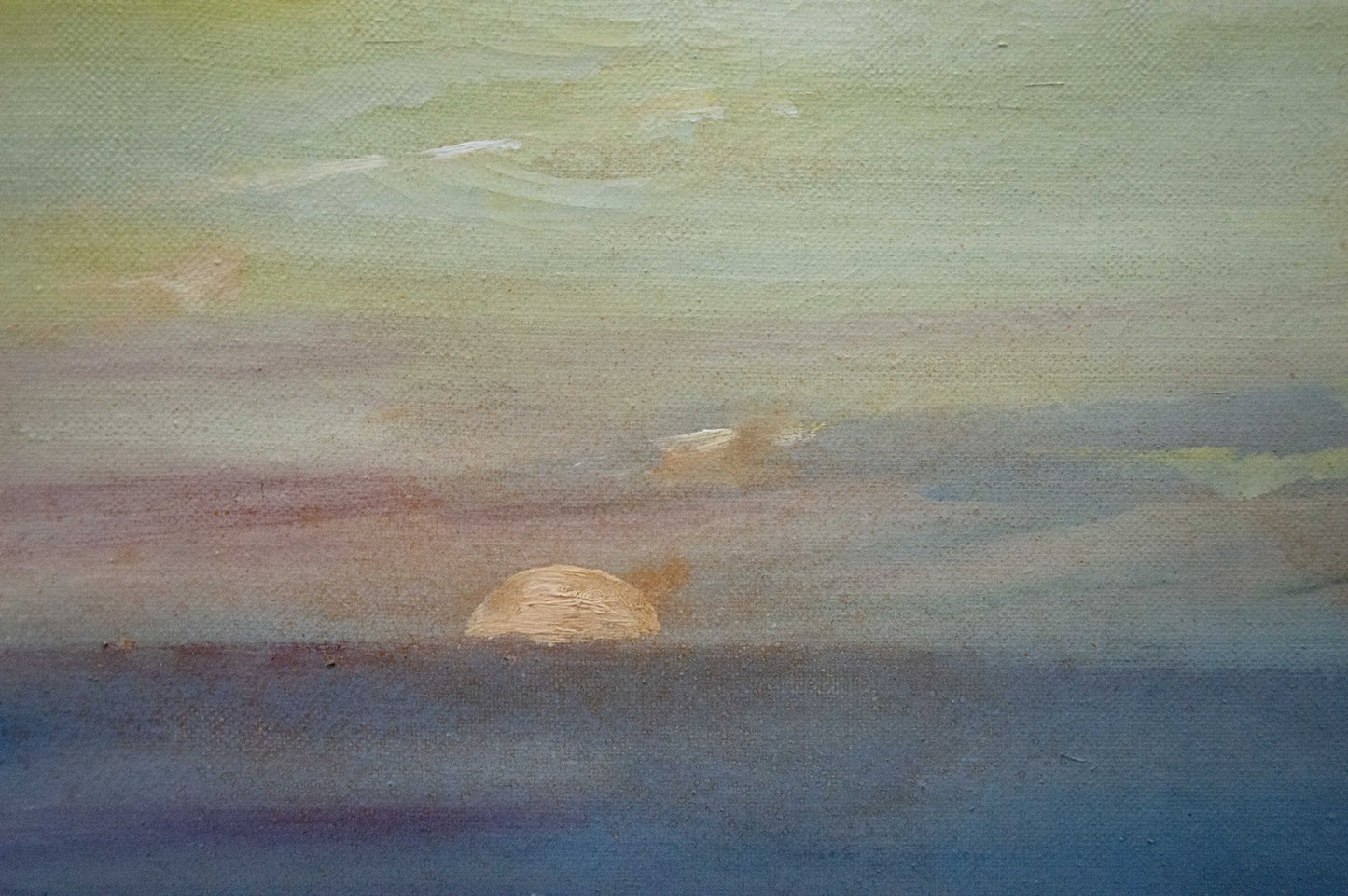 Impressionistic oil painting of golden sun rays dipping into hazy sea horizon by unknown artist