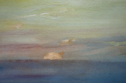 Impressionistic oil painting of golden sun rays dipping into hazy sea horizon by unknown artist