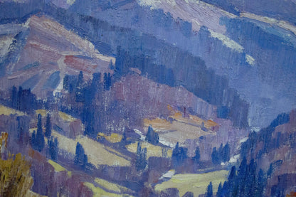 Oil painting of blue purple mountain landscape by Vasyl Georhiyovych Gabda