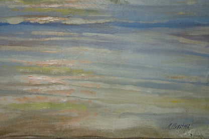 Oil painting of sun rays in sea by unknown artist, tranquil seascape