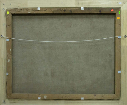 Back of oil painting Mountain landscape by Vasyl Georhiyovych Gabda, beige linen and wood frame