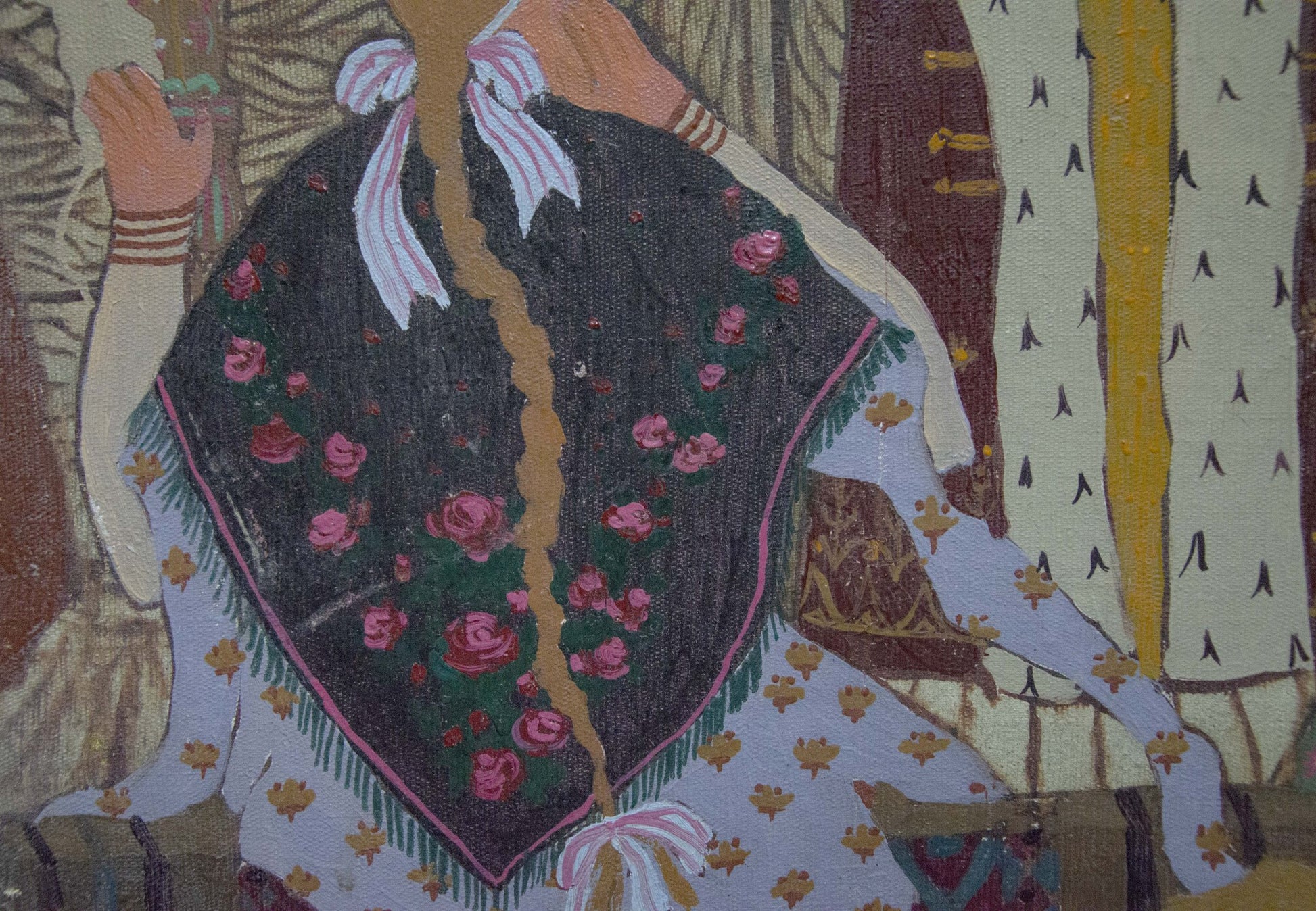 Dark navy shawl with pink roses, green leaves, pink border, fringe by Malyshev
