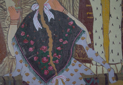 Dark navy shawl with pink roses, green leaves, pink border, fringe by Malyshev