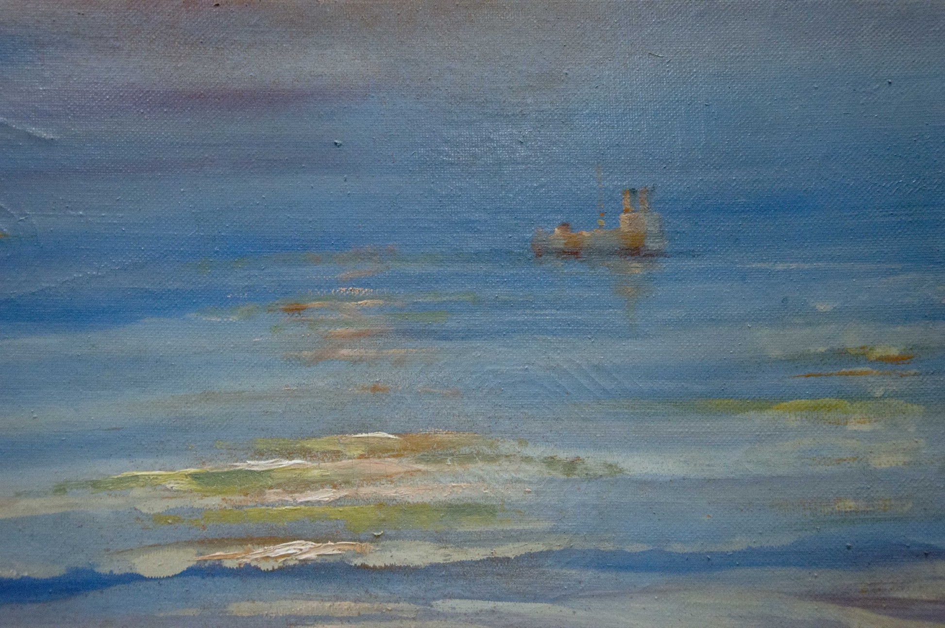Oil painting of sun rays in sea: pale yellow boat on textured blue water under hazy sky