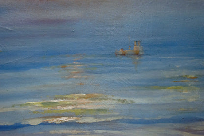 Oil painting of sun rays in sea: pale yellow boat on textured blue water under hazy sky