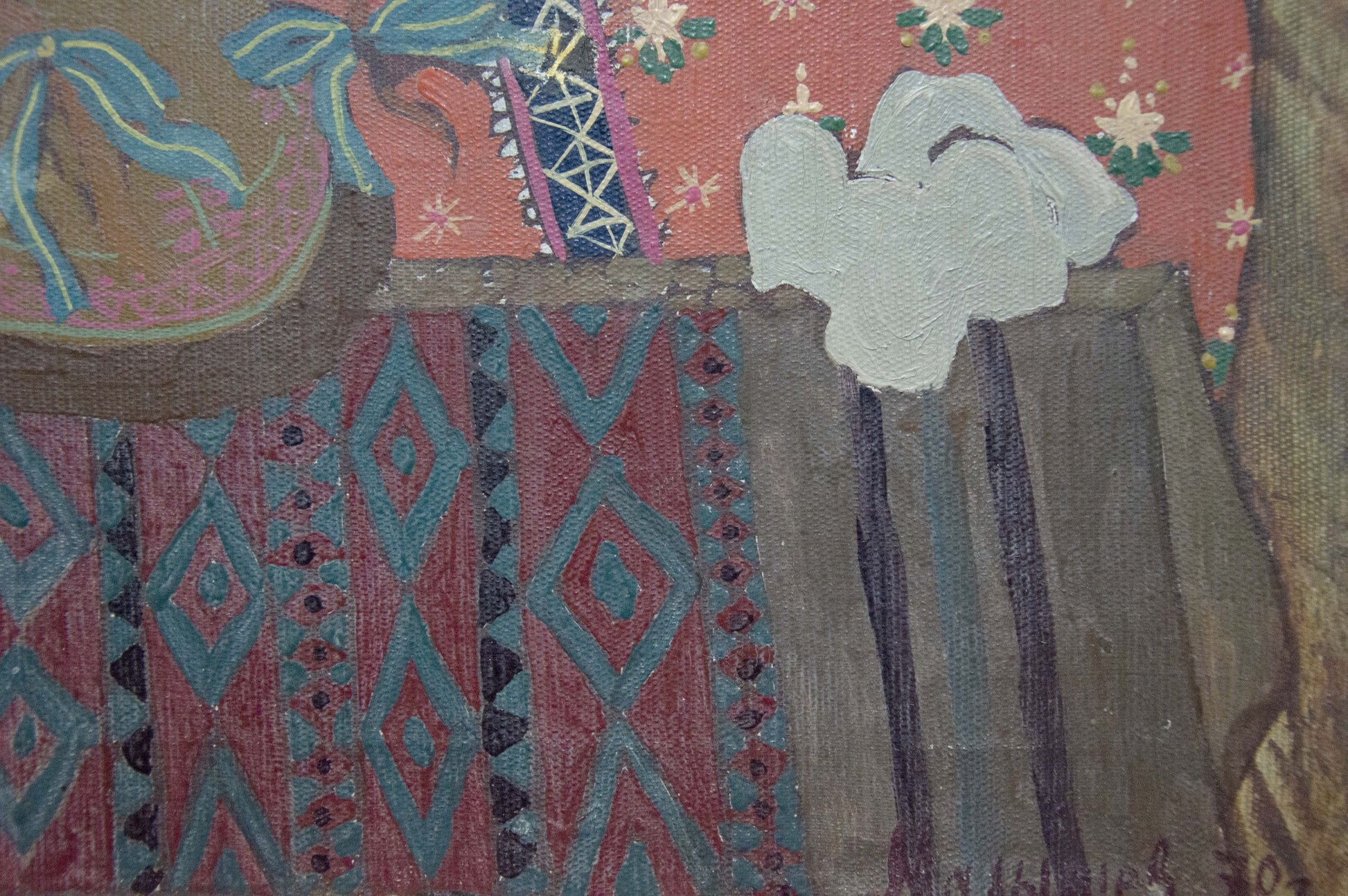 Oil painting of patriarch Malyshev Gennady Iosifovich in teal maroon geometric fabric