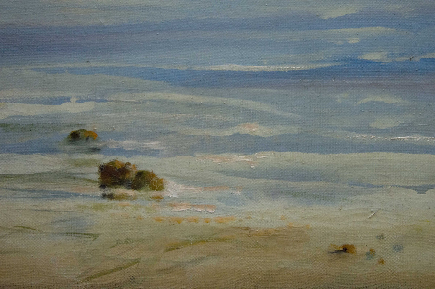 Impressionistic oil painting of sun rays in sea, gentle waves in muted blues and beiges