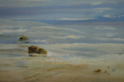 Impressionistic oil painting of sun rays in sea, gentle waves in muted blues and beiges