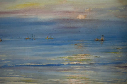 Oil painting Sun rays in the sea with pastel waves and twilight sailboats