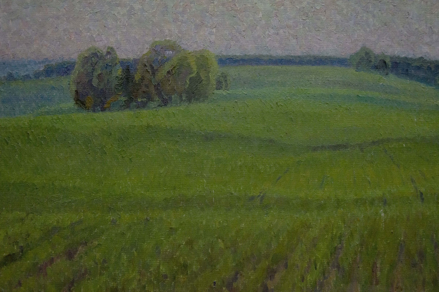 Oil painting Fields by Romanishin Mikhail Nikolaevich serene green field hills trees