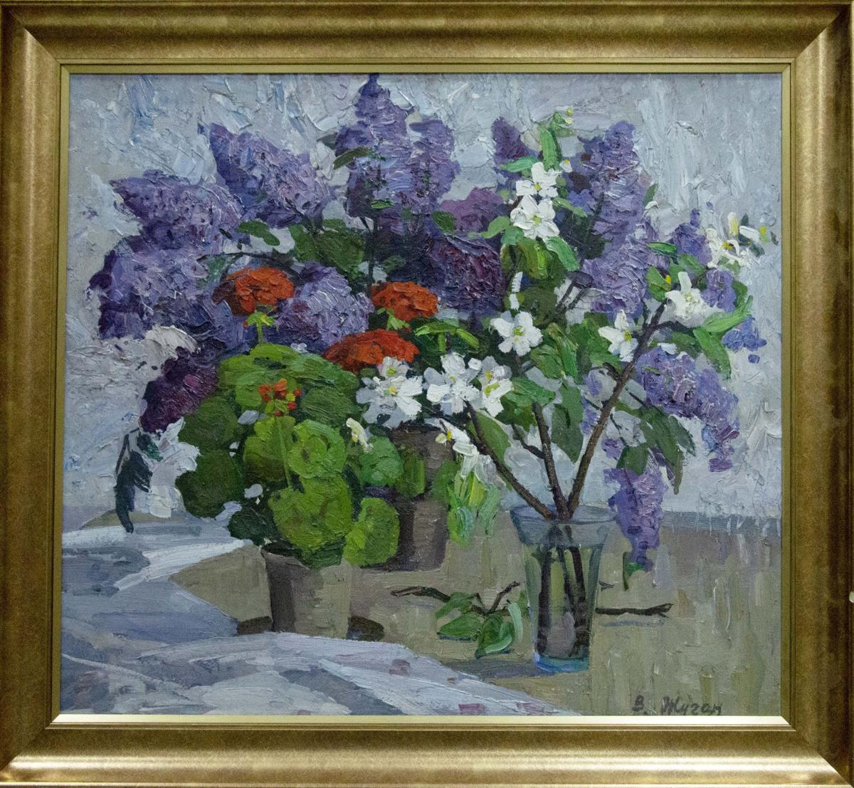 Oil painting of lilac bouquet by Zhugan Vladimir Alexandrovich in gold frame