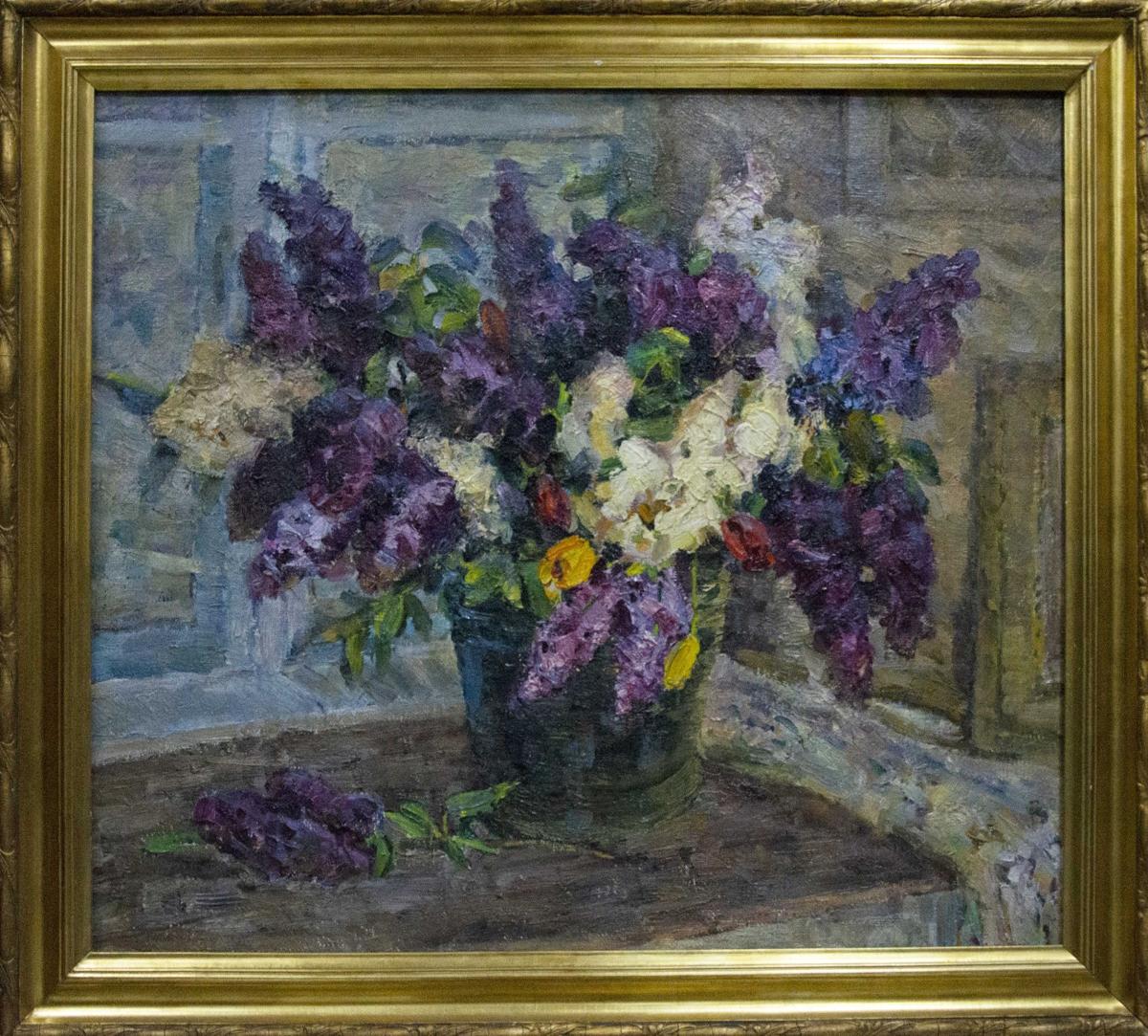 Oil painting of purple white lilacs in green vase by Kolomoitsev Petr Mikhailovich
