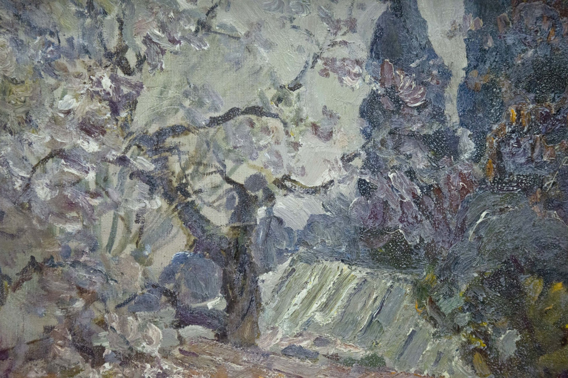 Textured impressionist oil painting of blossoming tree by Khan Nikolay Alekseevich