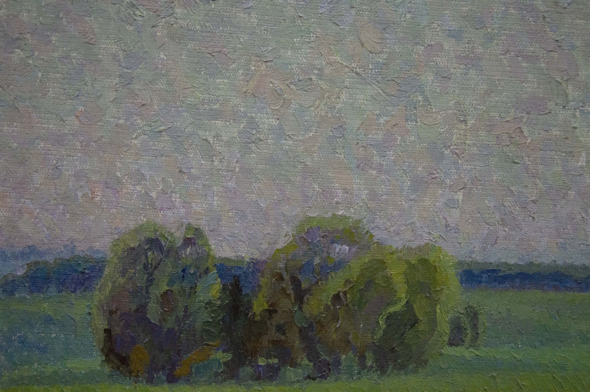 Textured impressionist oil painting by Romanishin Mikhail Nikolaevich: green purple trees muted sky