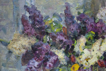 Oil painting of lush purple lilacs by Kolomoitsev Petr Mikhailovich