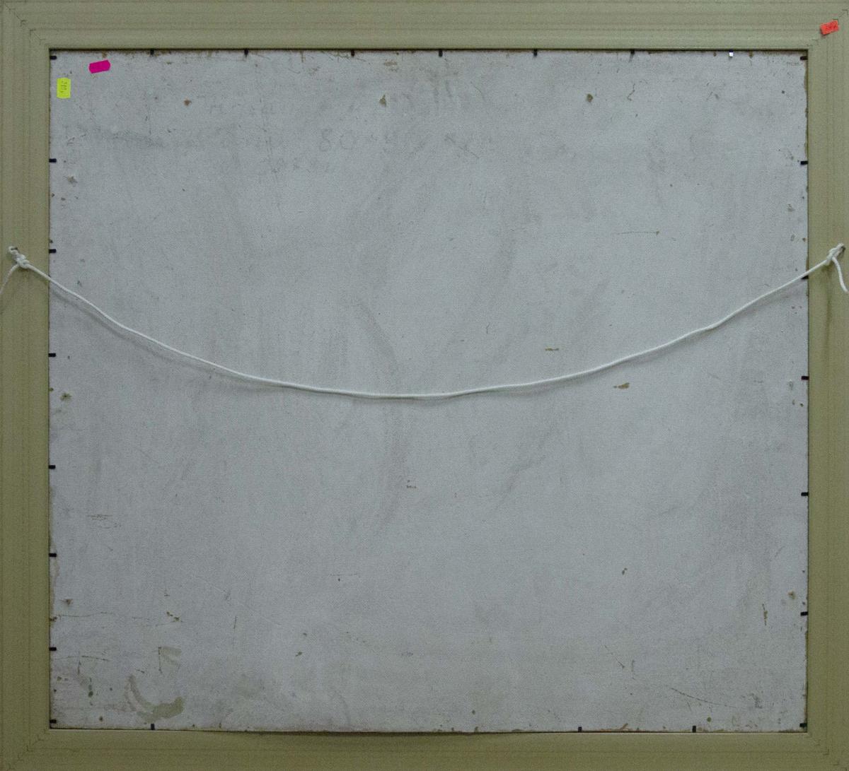 Back of beige-framed Oil painting Lilac bouquet by Zhugan Vladimir Alexandrovich with white textured backing and visible mounting hardware