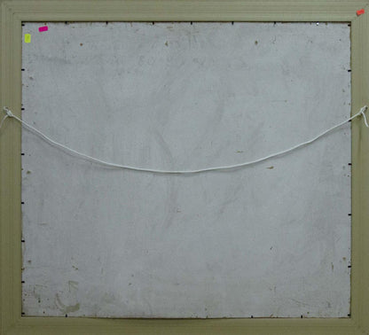 Back of beige-framed Oil painting Lilac bouquet by Zhugan Vladimir Alexandrovich with white textured backing and visible mounting hardware
