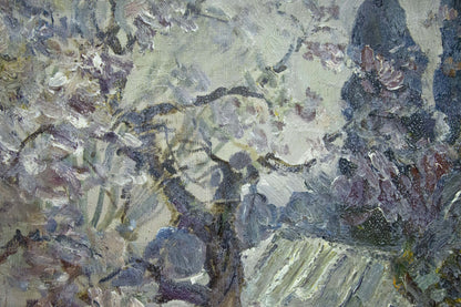 Textured impressionist oil painting of blossoming tree by Khan Nikolay Alekseevich