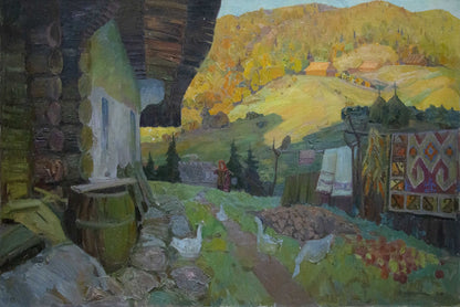 Oil painting of Ukrainian outback by Yuzefovich Natalia Vladimirovna in rustic wooden barrel