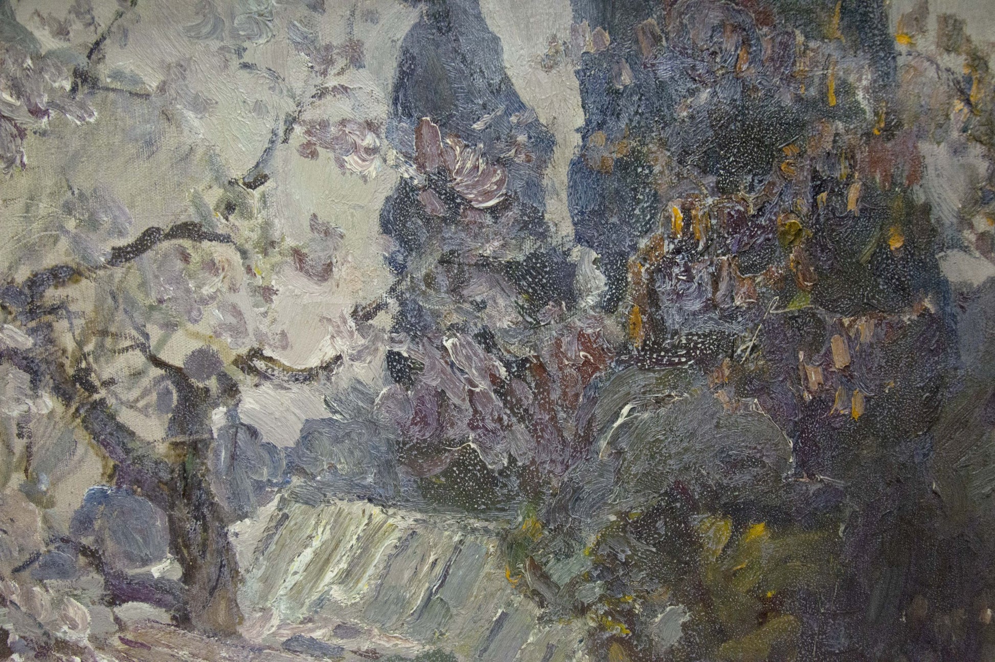 Textured oil painting of muted purple-gray landscape by Khan Nikolay Alekseevich
